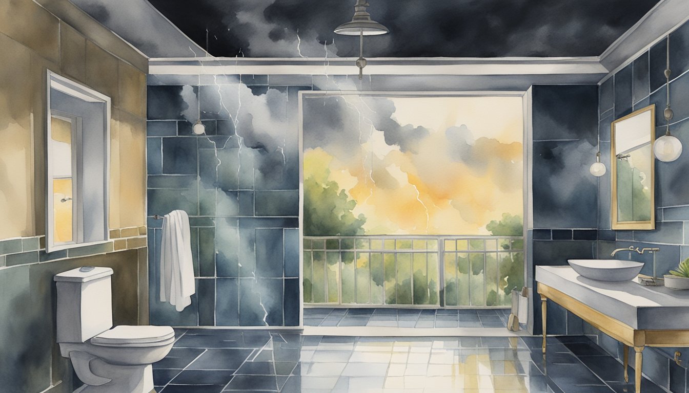 Watercolor bathroom interior during stormy weather.