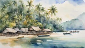 Tropical beach with huts and palm trees watercolor.