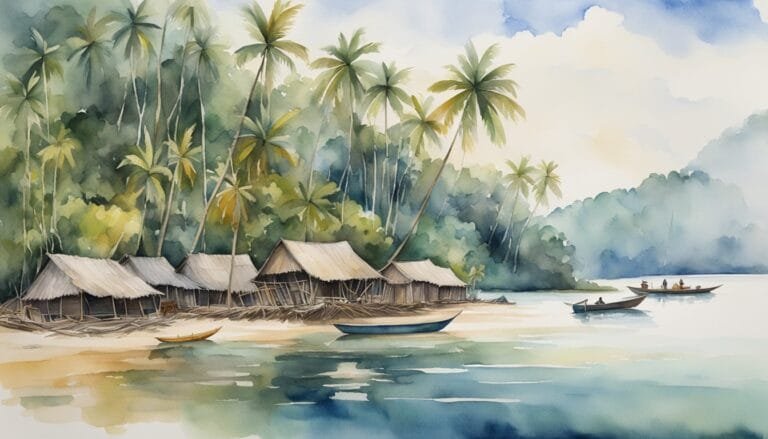 Tropical beach with huts and palm trees watercolor.