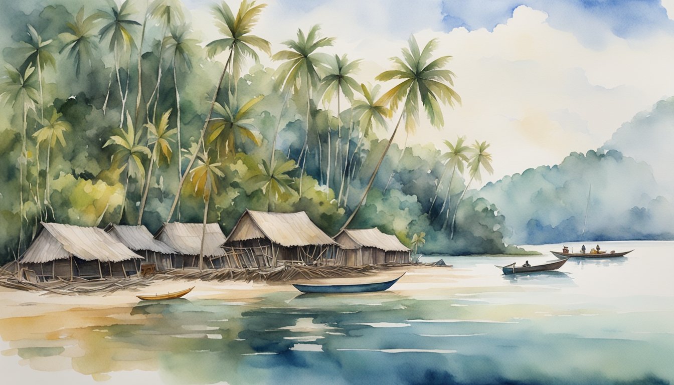 Tropical beach with huts and palm trees watercolor.