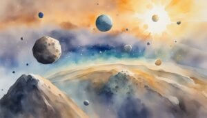 Watercolor painting of a vibrant cosmic landscape with planets.