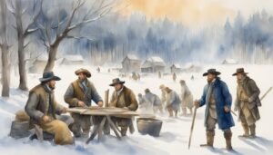 Winter scene: Men discussing over table in snowy village.