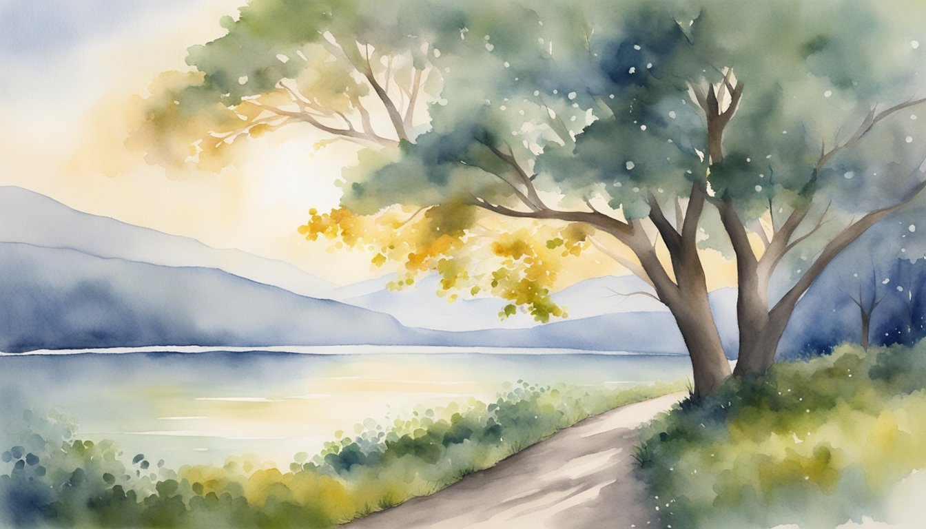 Watercolor painting of serene lakeside landscape with trees.