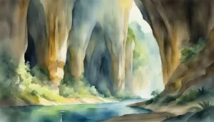 Watercolor painting of serene river canyon with lush foliage.