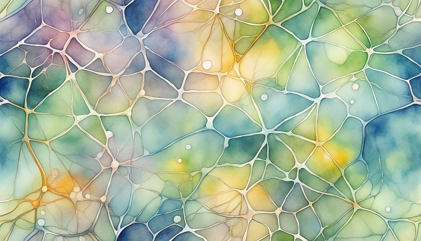 Abstract watercolor painting of interconnected colorful cells.