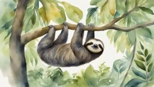 Sloth hanging from tree branch in lush green forest.