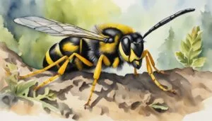 Watercolor illustration of a detailed bumblebee on a branch.