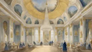 Elegant historical ballroom with grand chandelier and people in period dress.