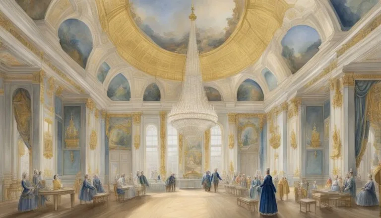 Elegant historical ballroom with grand chandelier and people in period dress.