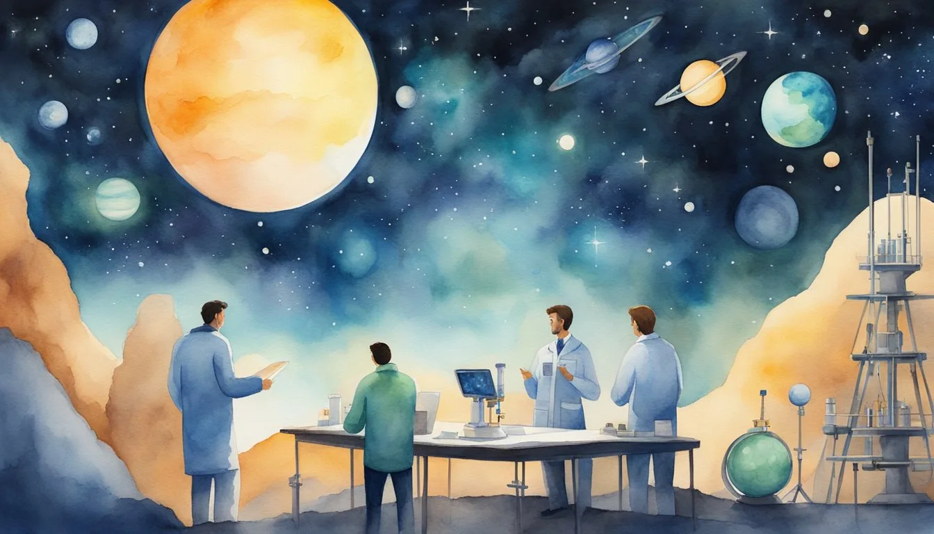 Scientists discussing project under a vibrant cosmic sky.