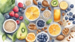 Watercolor illustration of assorted fruits and nuts.