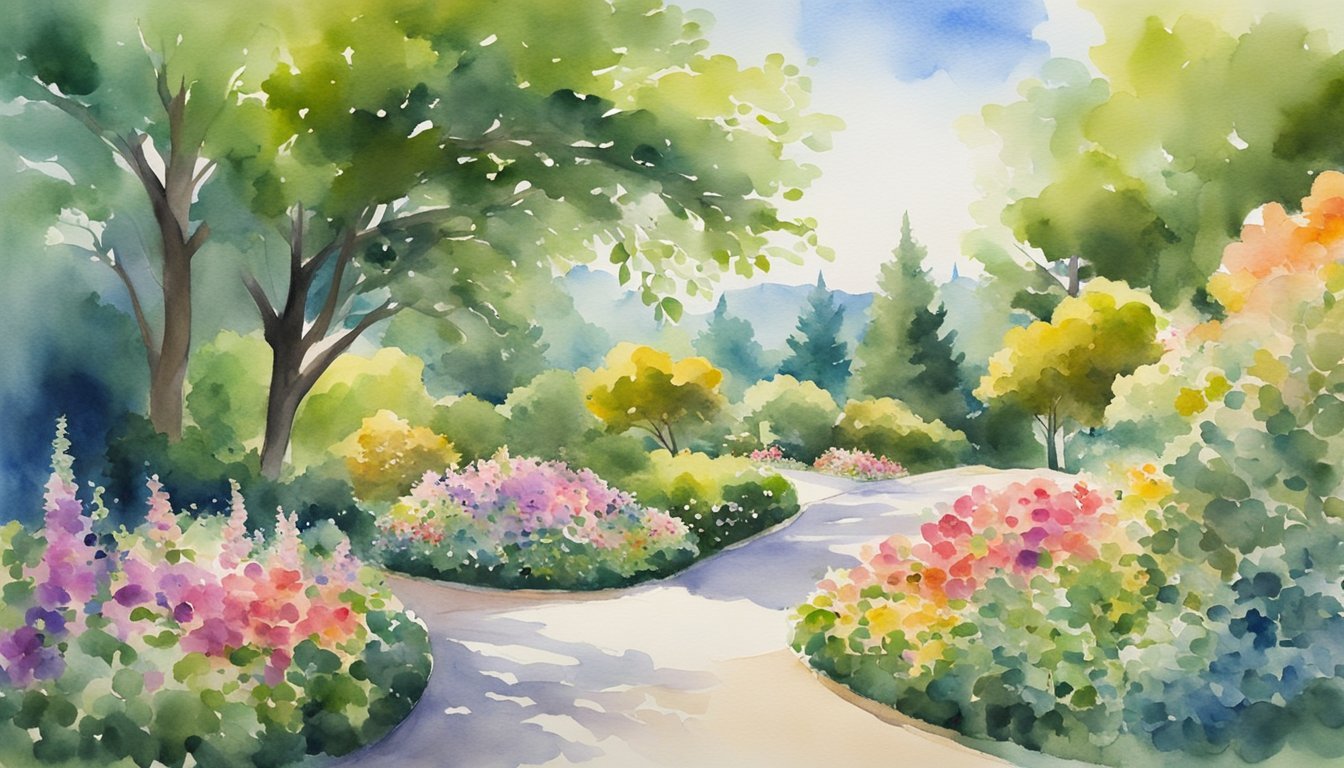 Colorful garden pathway watercolor painting.