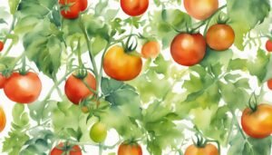 Watercolor painting of ripe tomatoes on vine.