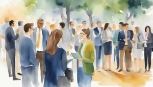 Watercolor illustration of diverse professionals networking outdoors.