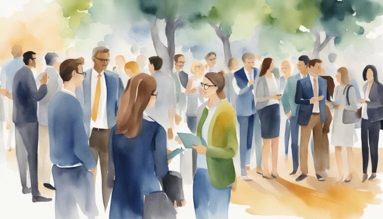 Watercolor illustration of diverse professionals networking outdoors.