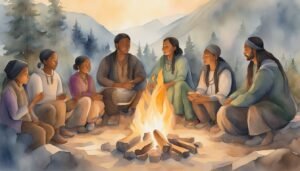 Group of people gathered around campfire in mountainous landscape.