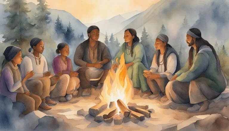 Group of people gathered around campfire in mountainous landscape.