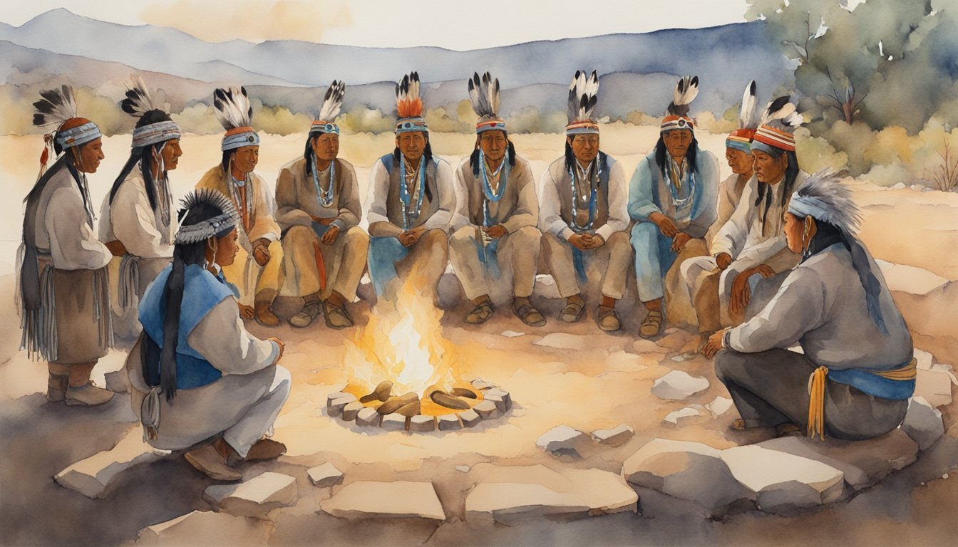 Indigenous people in traditional attire around campfire.