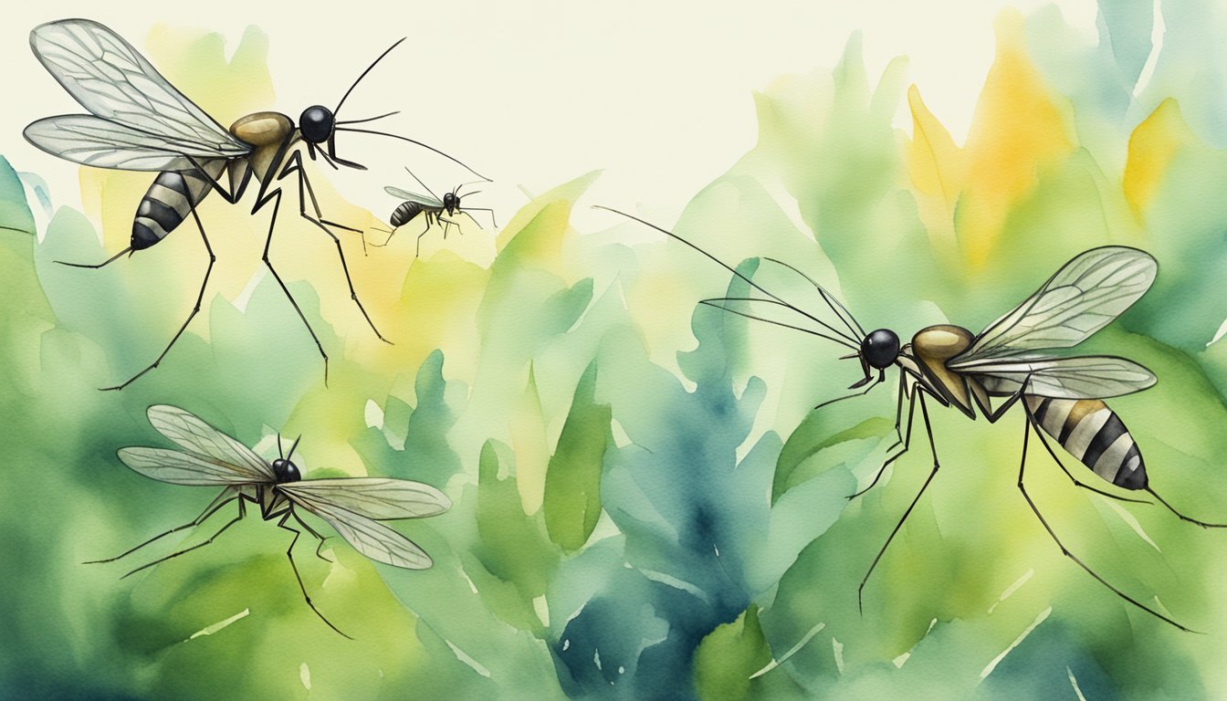 Watercolor illustration of mosquitoes on a vibrant green background.