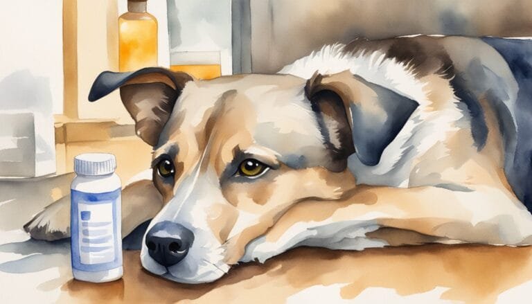 Dog resting near medication bottle, watercolor illustration.