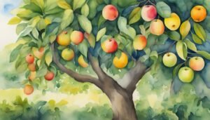 Watercolor painting of vibrant, assorted fruit tree.