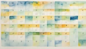 Watercolor calendar with abstract design and numbered days.