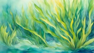 Watercolor painting of vibrant, flowing green seaweed.