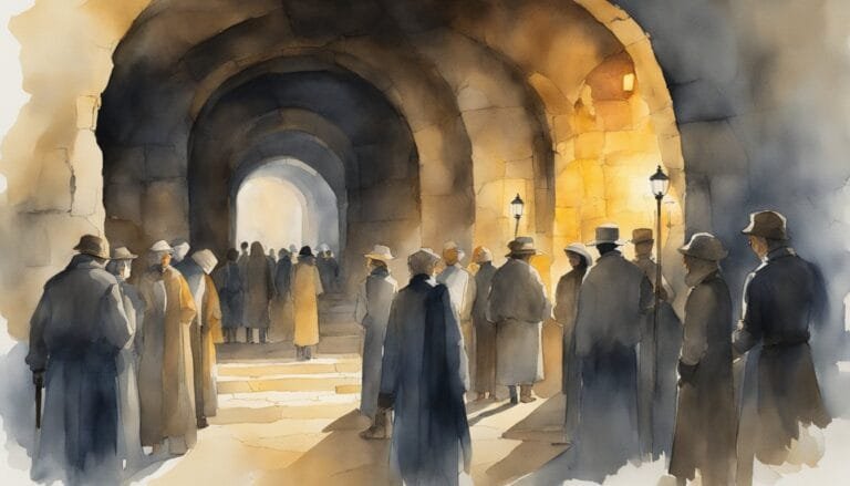 Watercolor painting of people in archway with lamps.