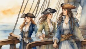 Three female pirates standing on ship deck, ocean background.