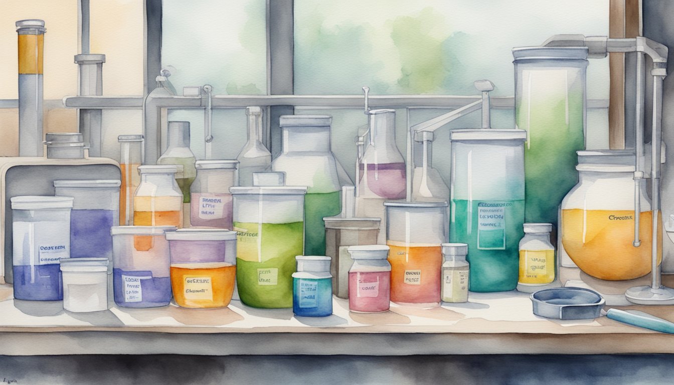 Colorful laboratory glassware with chemicals, watercolor illustration.