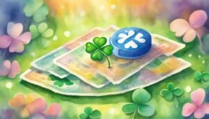 Colorful illustration of money, clover, and token with flowers.