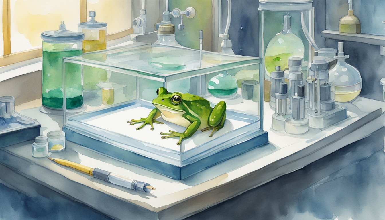 Frog in laboratory setting with scientific equipment.