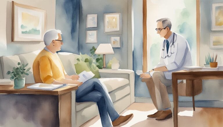 Doctor consulting patient in cozy office watercolor illustration.