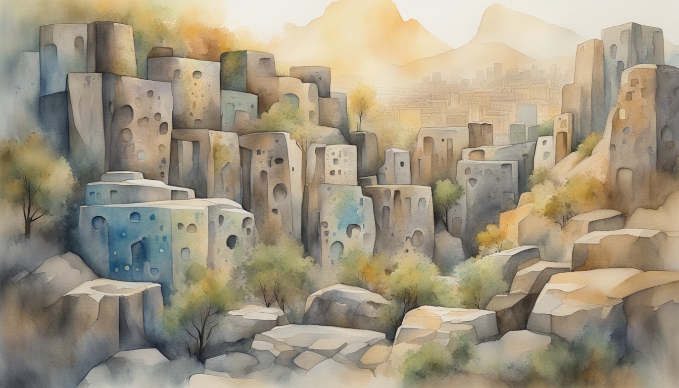 Watercolor painting of a stylized ancient cityscape.