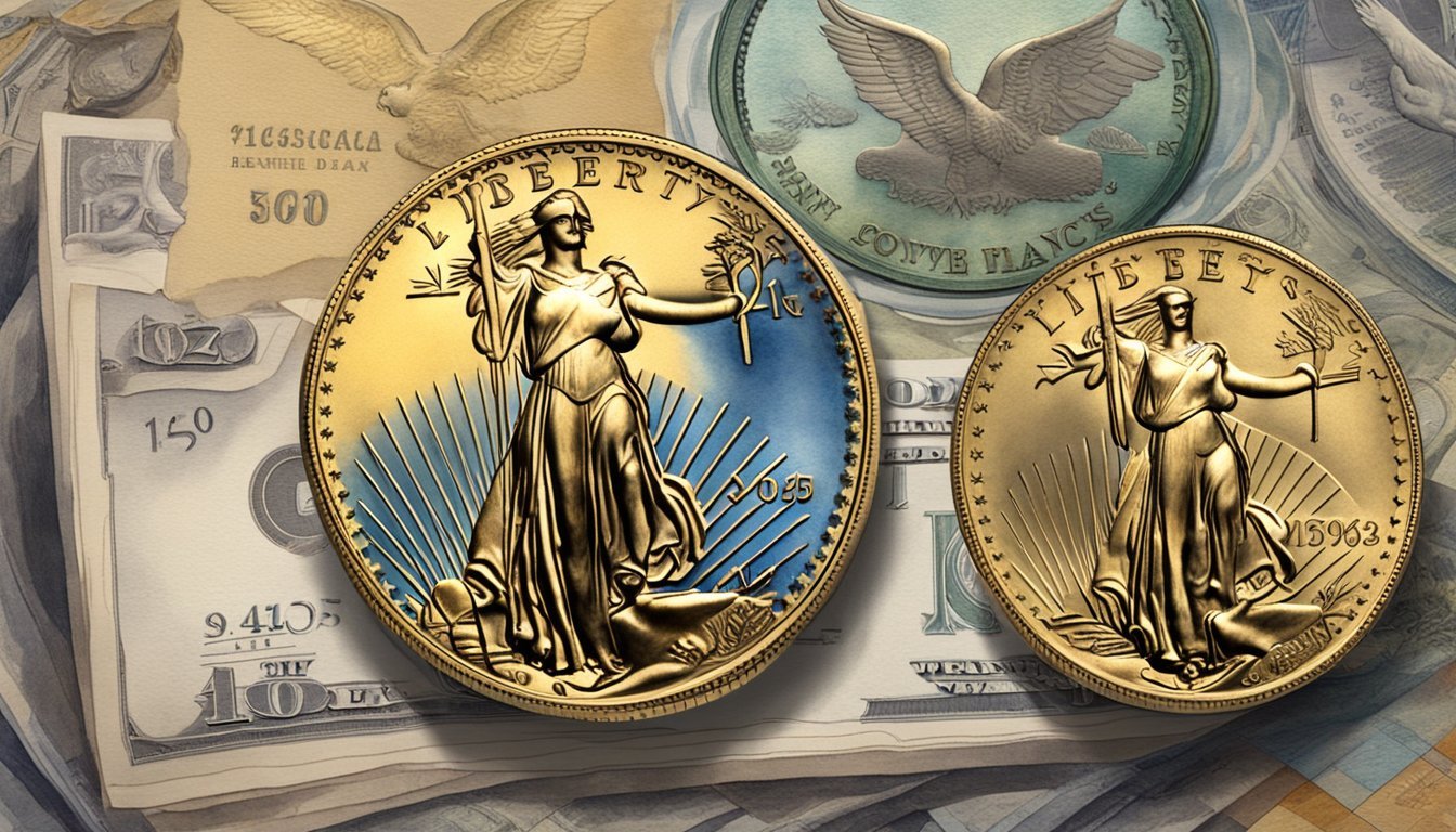 Gold coins and currency notes depicting Lady Liberty.