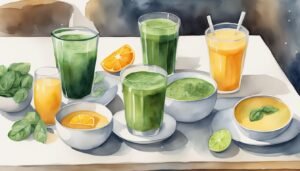 Colorful watercolor of assorted fresh juices and smoothies.