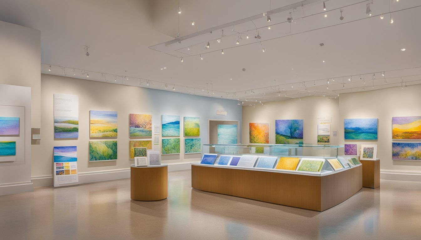 Art gallery interior showcasing colorful landscape paintings.