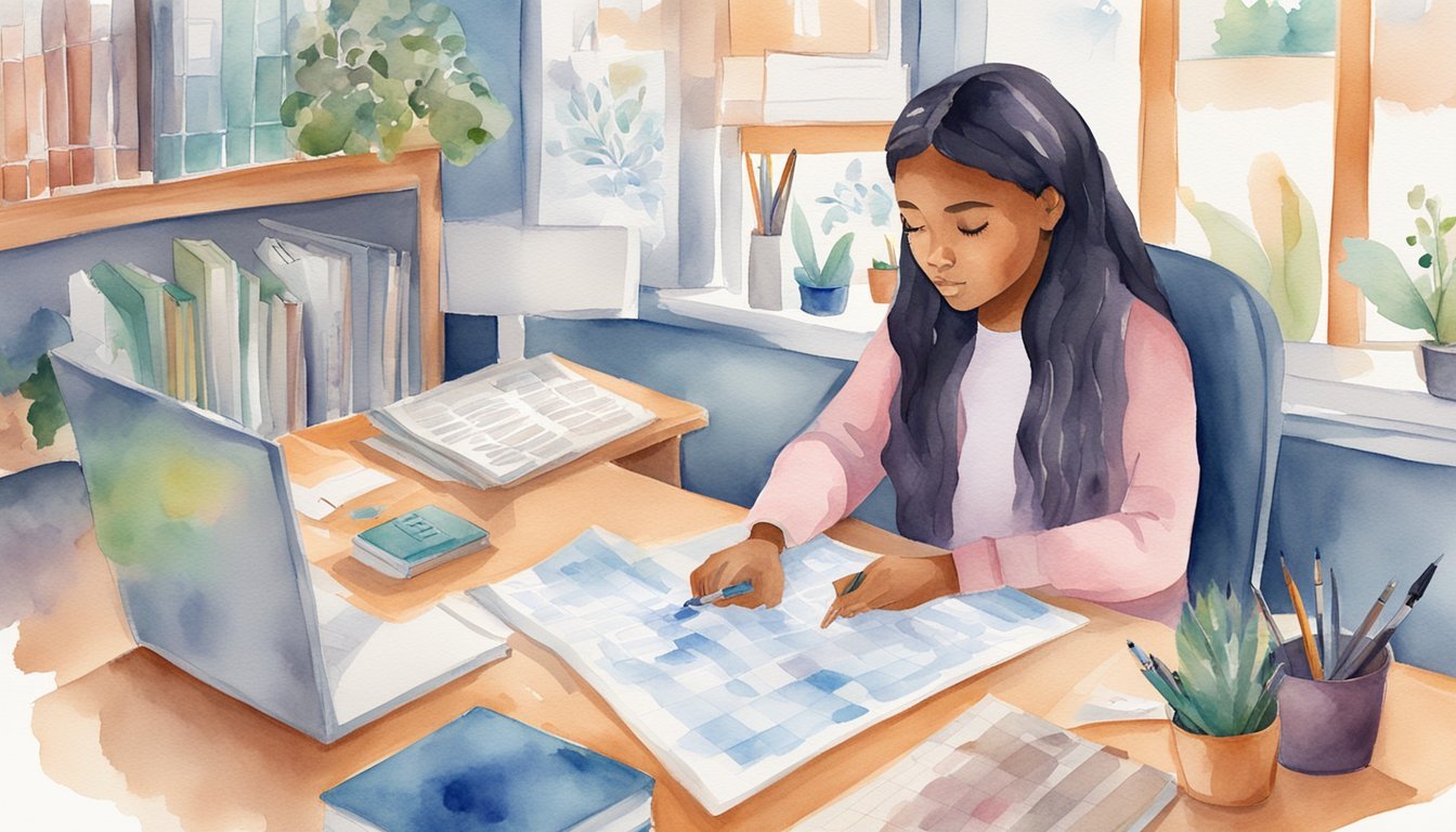 Young woman painting watercolor at sunlit desk.