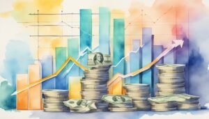 Watercolor financial growth chart with currency stacks and trends.