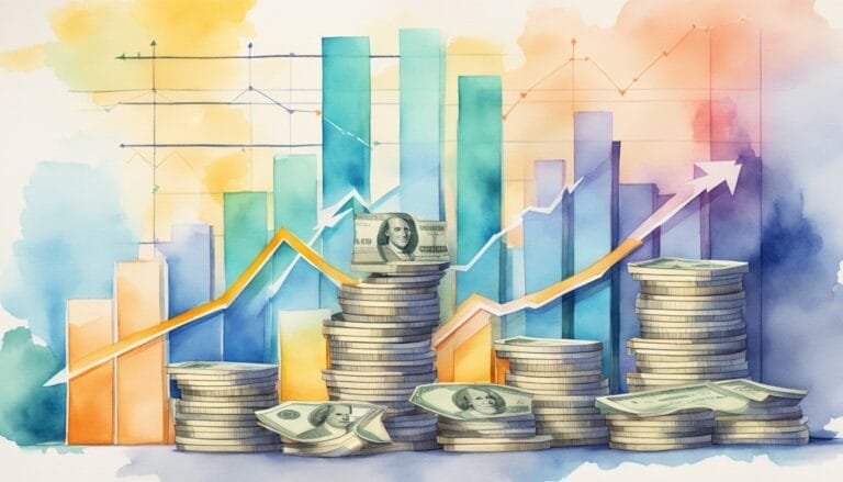 Watercolor financial growth chart with currency stacks and trends.