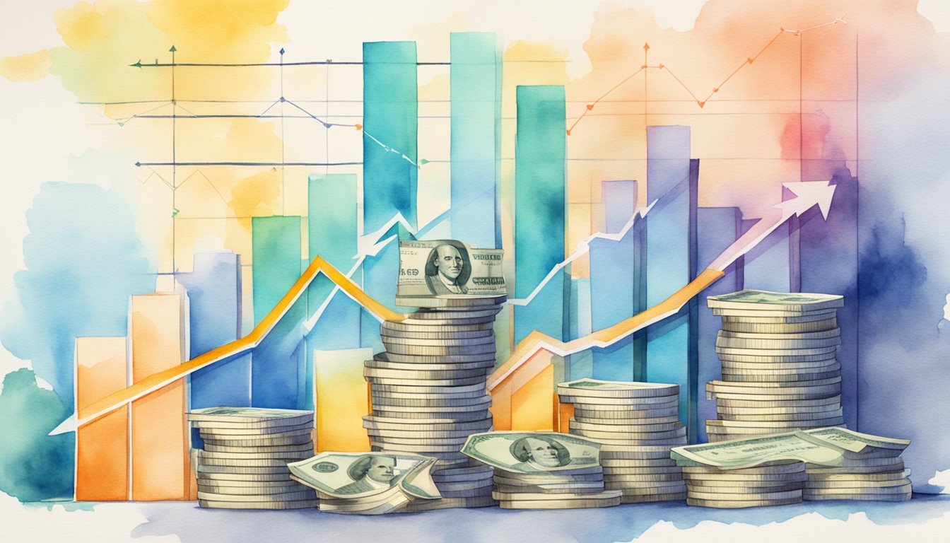 Watercolor financial growth chart with currency stacks and trends.