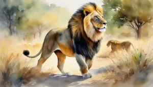 Majestic lion in watercolor savannah landscape.