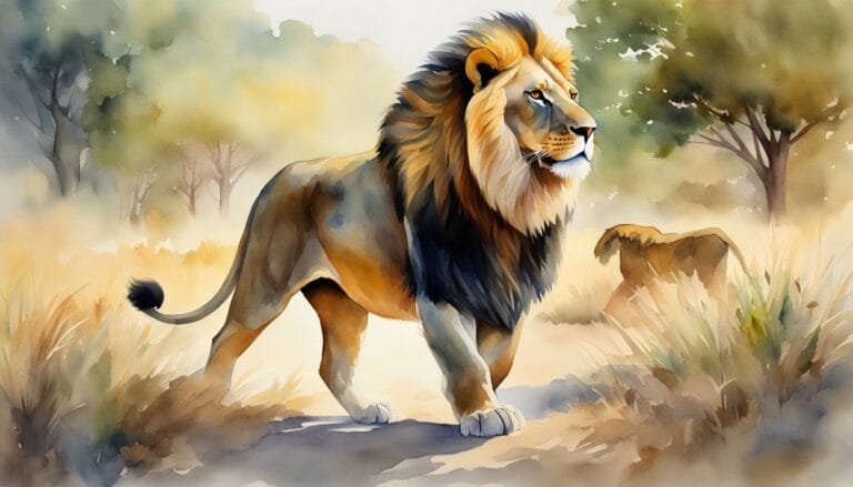Majestic lion in watercolor savannah landscape.