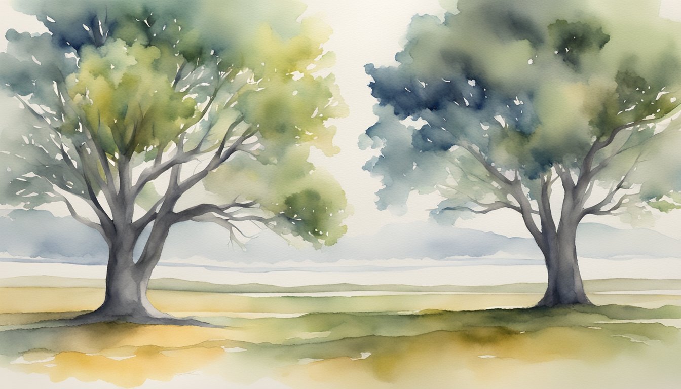 Watercolor painting of two trees in a serene landscape.