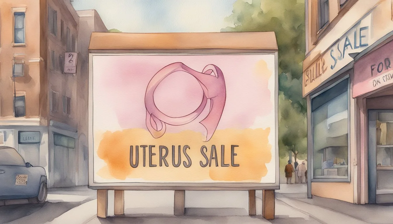 Watercolor illustration of billboard advertising a "Uterus Sale