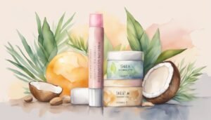 Watercolor cosmetics with coconut and tropical leaves.