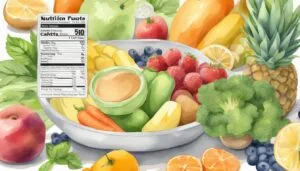 Colorful watercolor illustration of assorted fruits and nutritional label.