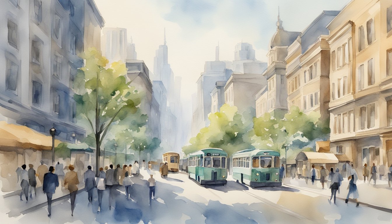 Watercolor painting of busy street with trams and pedestrians.