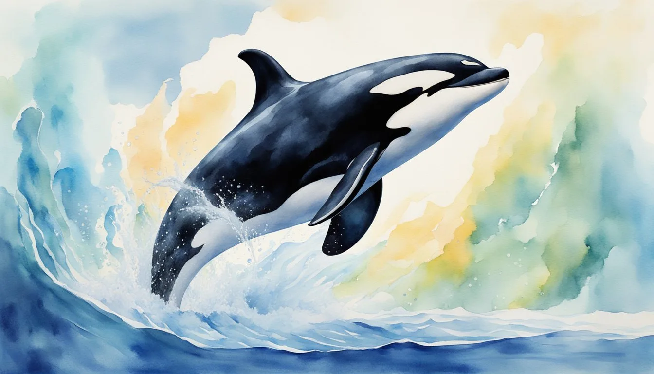 Orca leaping in a vibrant watercolor ocean scene.