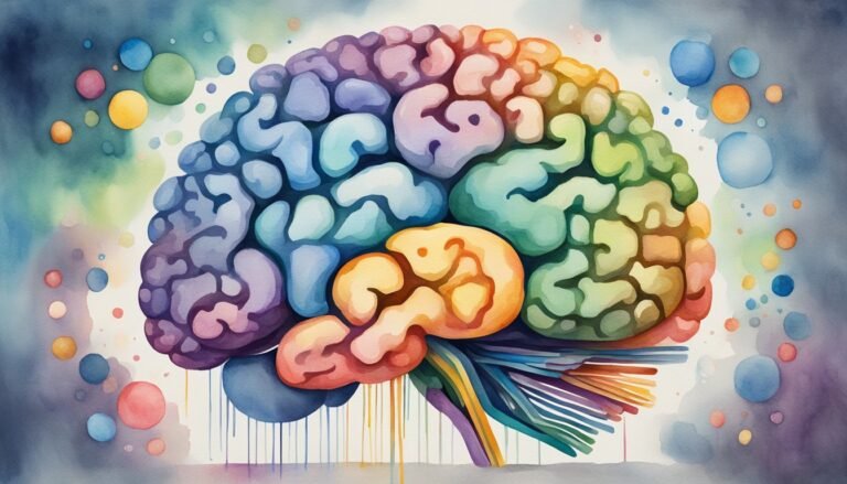 Colorful watercolor illustration of human brain with abstract elements.